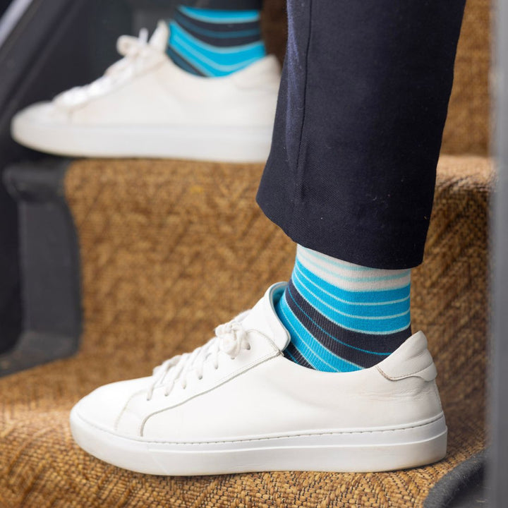White & Blue Narrow Striped Bamboo Socks