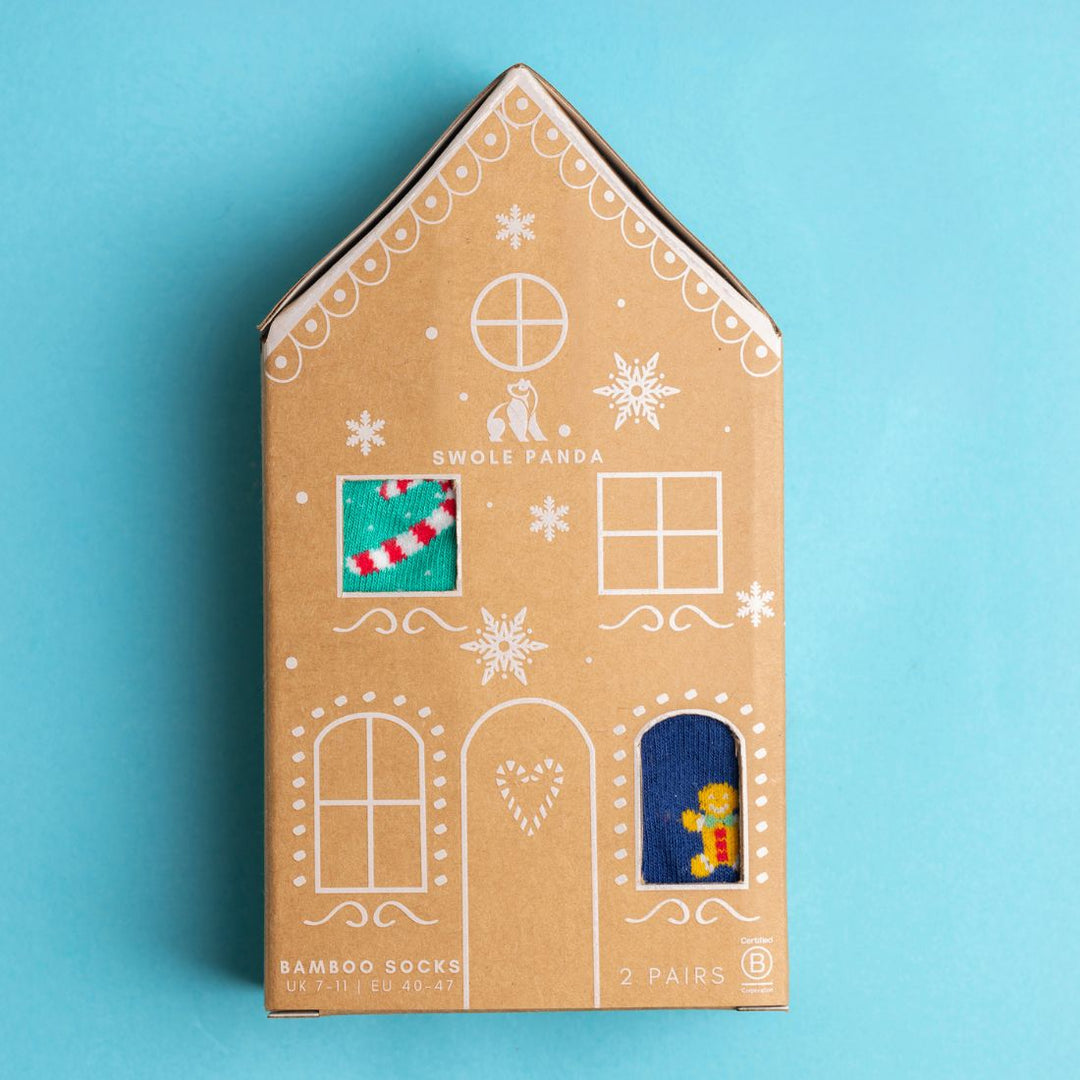 Gingerbread House Sock Box - 2 Pairs of Bamboo Socks (His)