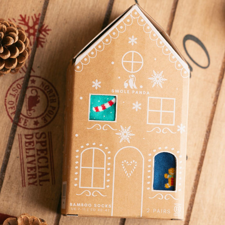 Gingerbread House Sock Box - 2 Pairs of Bamboo Socks (His)