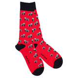 A pair of red socks with a pattern of black and grey gorillas, with the brand name 'Gorilla Bamboo' visible.